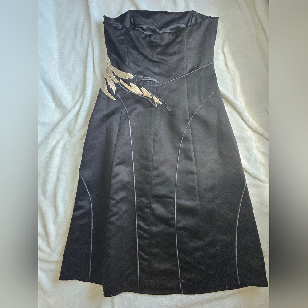 White House Black Market Strapless Black Dress with Gold Floral Design - Picture 12 of 14